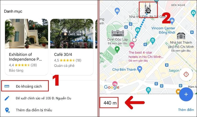 Nhấn chọn vào Đo khoảng cách và kéo bản đồ vào điểm kết thúc