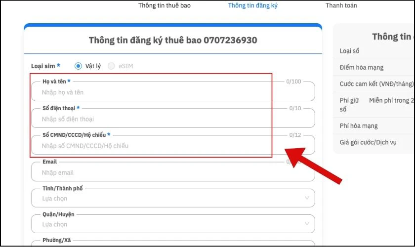 Bạn nhập thông tin như Họ và Tên, SĐT, CCCD vào ô