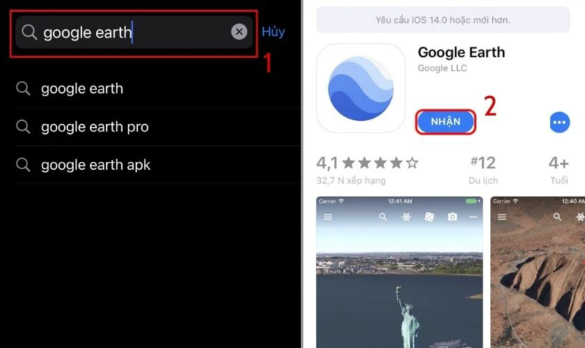 Nhập tìm kiếm Google Earth và tải về sử dụng