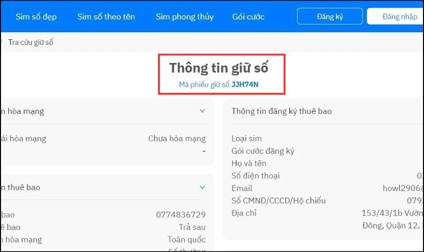 Màn hình sẽ hiển thị Mã phiếu giữ số