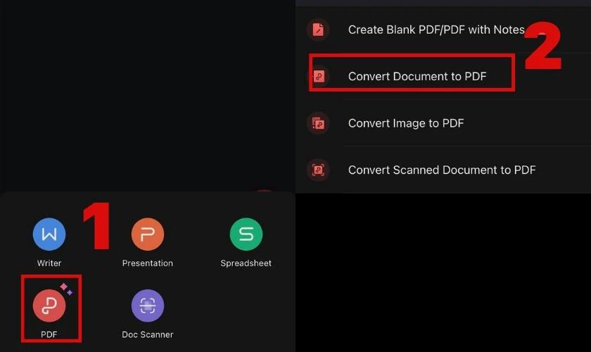 Nhấn vào mục PDF và chọn Convert Document to PDF