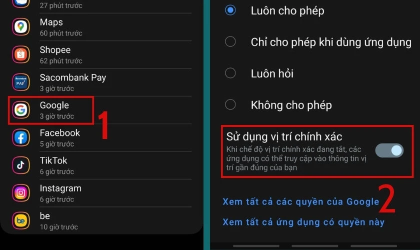 Bật thanh Sử dụng vị trí chính xác sửa lỗi GPS không định vị được