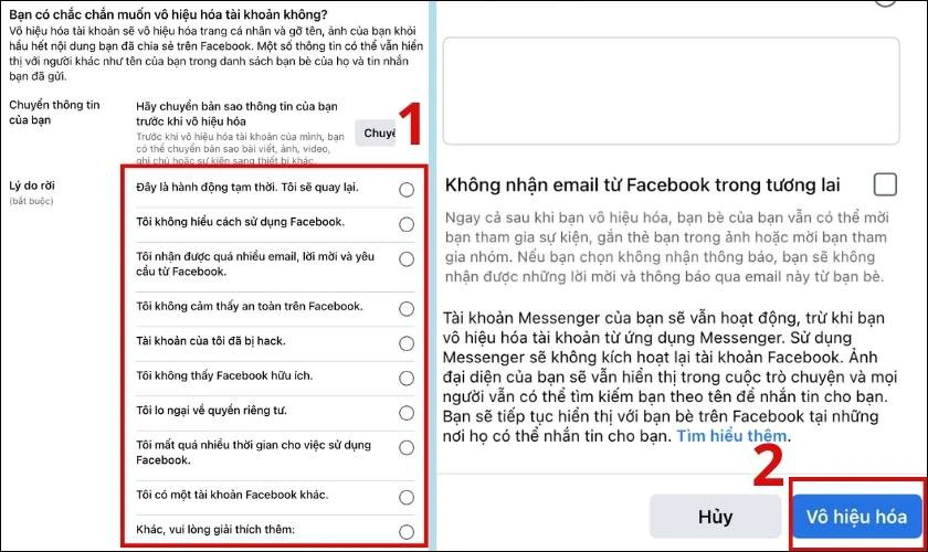 Chọn lý do và nhấn Vô hiệu hoá