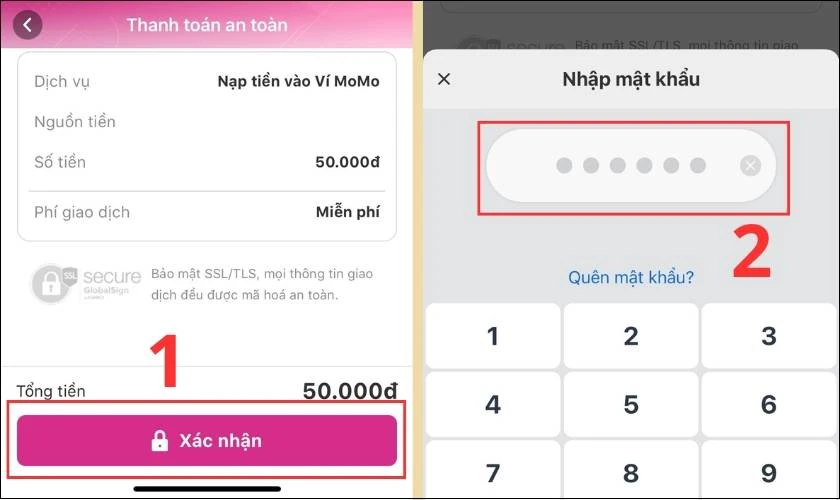 Nhập mật khẩu MoMo để hoàn tất nạp tiền vào ví MoMo