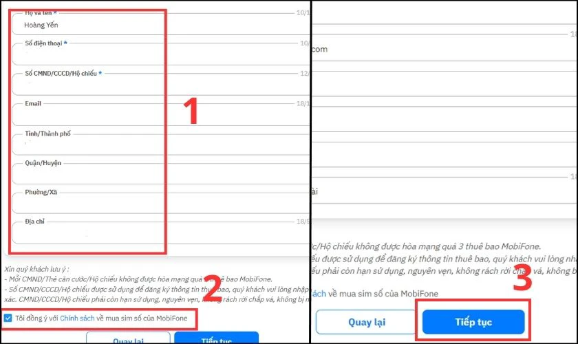 Tích vào ô Tôi đồng ý với Chính sách về mua sim số của MobiFone, rồi bấm Tiếp tục