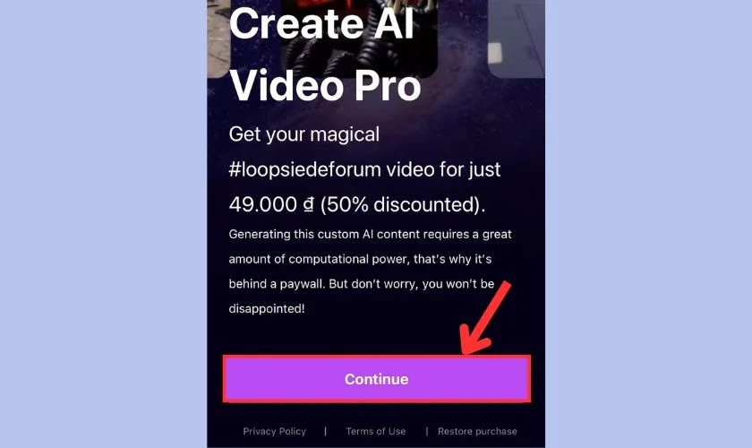 Nhấn vào Continue và đợi Loopsie xử lý video Anime