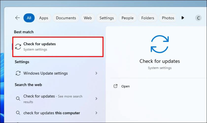 Bạn hãy gõ Check for updates vào ô tìm kiếm