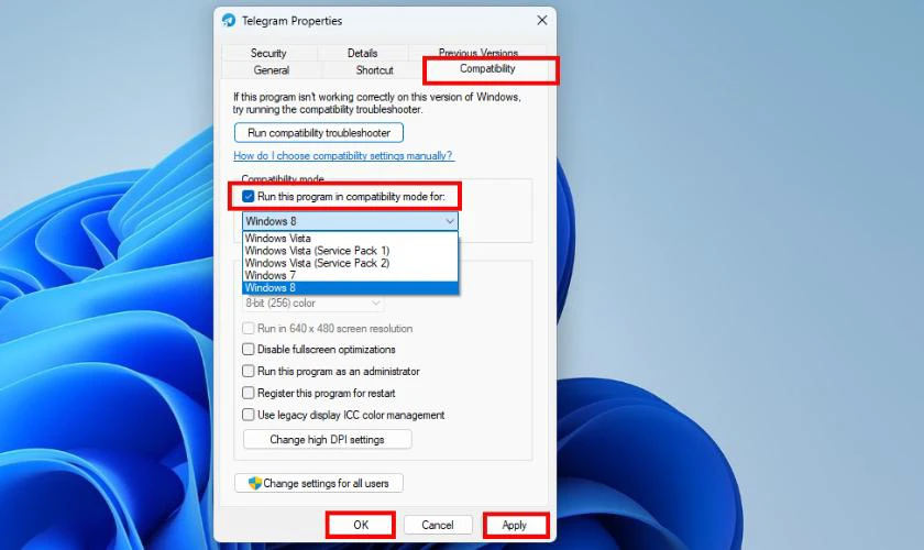 Tại mục Compatibility mode ở tab Compatibility, bạn hãy tích chọn vào ô Run this program in compatibility mode for