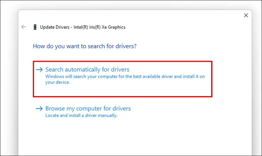 Một cửa sổ mới sẽ hiện ra, bạn hãy chọn Search automatically for updated driver software