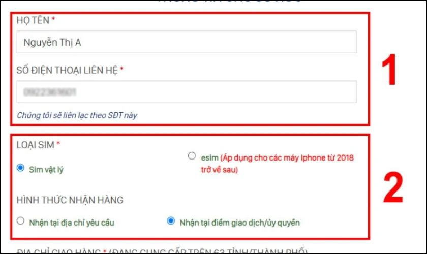 Bạn chọn Loại SIM và Hình thức nhận hàng