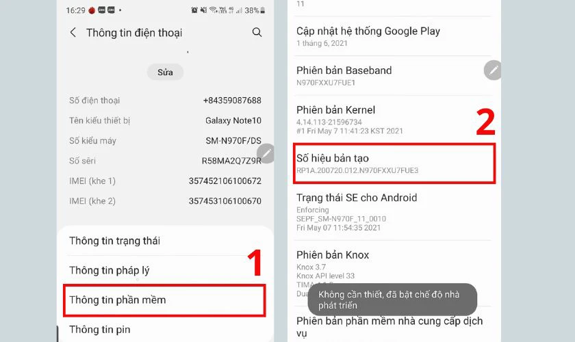 Vào Thông tin phần mềm, kéo xuống và ấn 7 lần vào Số hiệu bản tạo