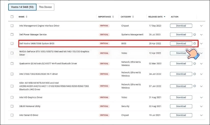 Tìm đúng file có tên Dell Vostro 5468/5568 System BIOS và nhấn tải về