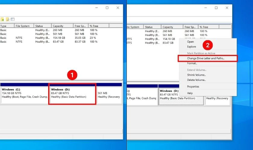 Xác định ổ đĩa muốn ẩn như ổ D. Sau đó nhấn chuột phải vào ổ D và chọn Change Drive Letter and Paths…