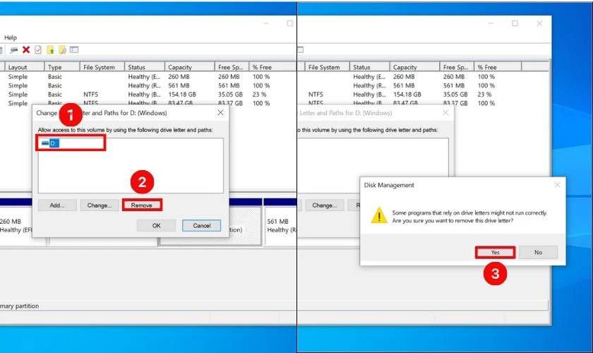 Chọn chữ cái đại điện cho ổ đĩa D và nhấn Remove. Cuối cùng chọn Yes để xác nhận