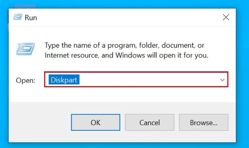 Tại mục Open, hãy lệnh Diskpart và nhấn Enter