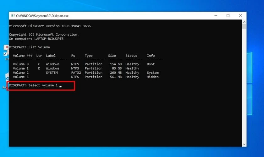 Để ẩn ổ đĩa cứng Win 10 như ổ D, hãy gõ lệnh Select volume 1 để chọn ổ