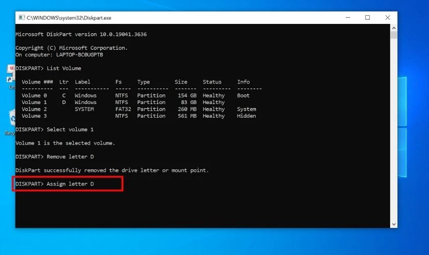 Nếu cần ổ đĩa D hiển thị lại, bạn hãy gõ lệnh Assign letter D và nhấn Enter
