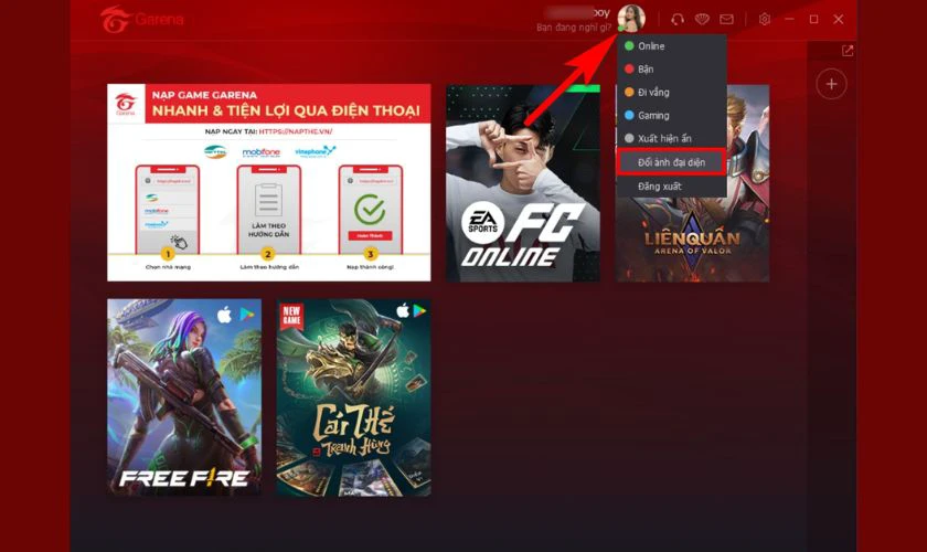 Nhấn vào ảnh đại diện Garena