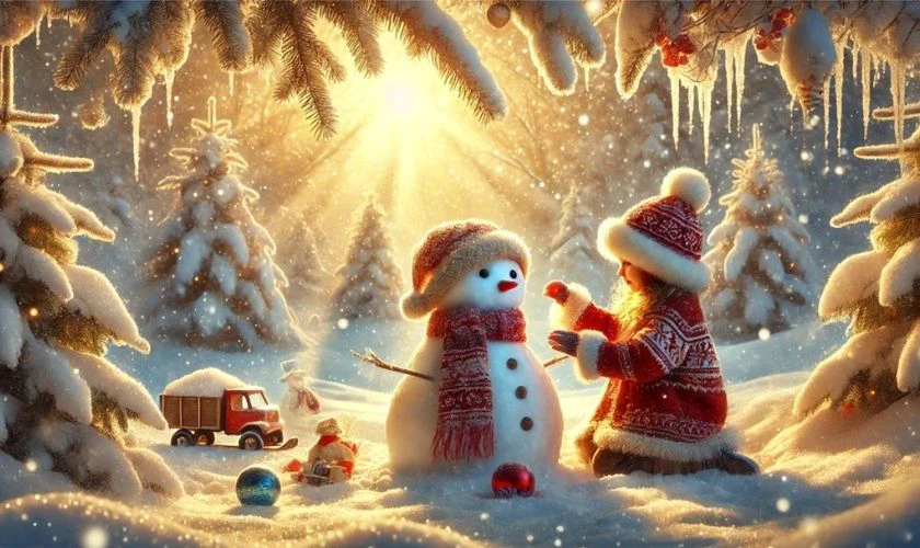 Hình ảnh em bé và người tuyết đẹp lung linh