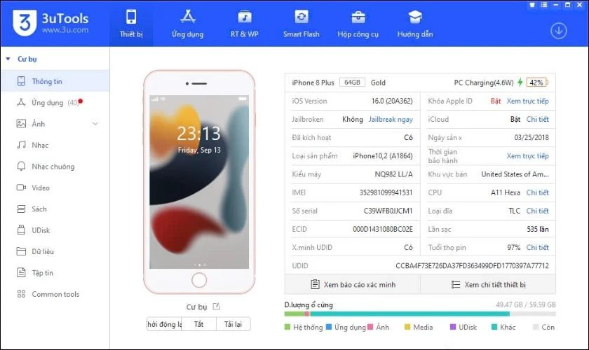 Phần mềm kiểm tra pin iPhone trên máy tính 3uTools