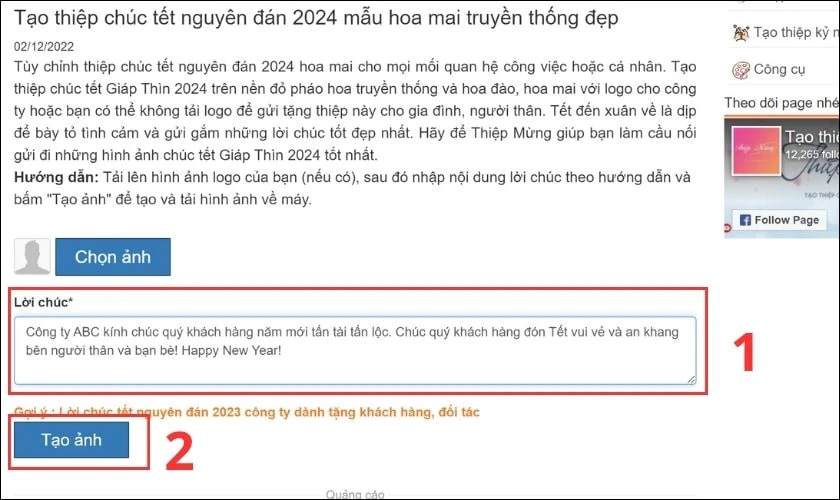 Nhấn vào Tạo ảnh sau khi ghi lời chúc vào khung Lời chúc