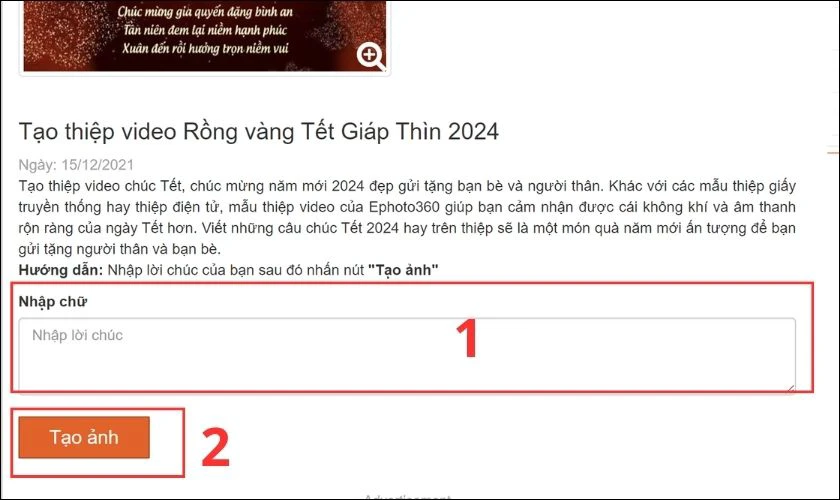 Nhập lời chúc vào khung Nhập chữ rồi nhấn vào Tạo ảnh