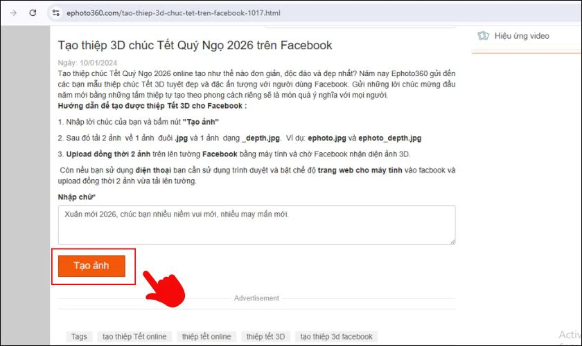 Nhấn Tạo ảnh để tạo thiệp
