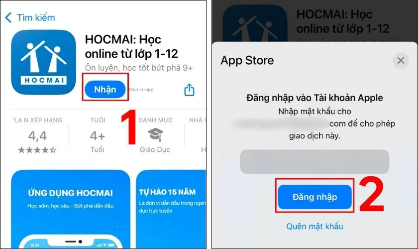 Chọn ứng dụng HOCMAI: Học online từ lớp 1-12, chọn Tải về/Nhận