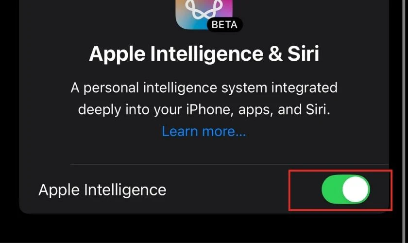 Bật công tắc xanh ở mục Apple Intelligence