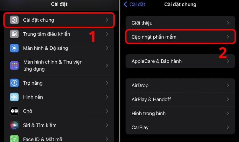 Vào Cài đặt trên iPhone, chọn Cập nhật phần mềm