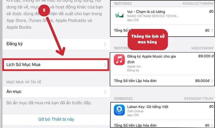 Chọn lịch sử mục mua