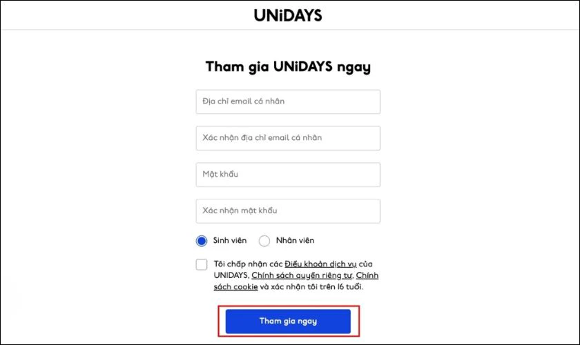 Đăng ký tài khoản UNiDAYS bằng thông tin sinh viên