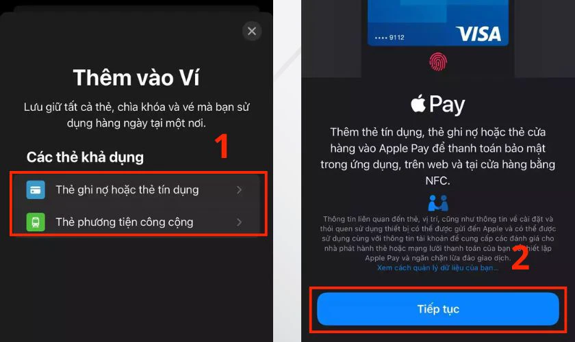 Chọn loại thẻ bạn muốn thêm sau đó nhấn Tiếp tục