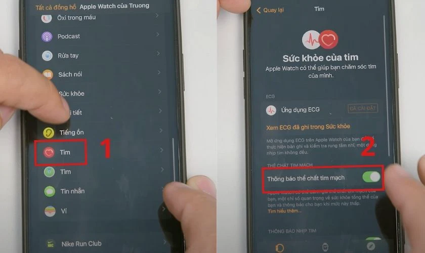 Chọn mục Tim sau đó nhấn tắt thanh gạt ở dòng Thông báo về thể chất tim mạch