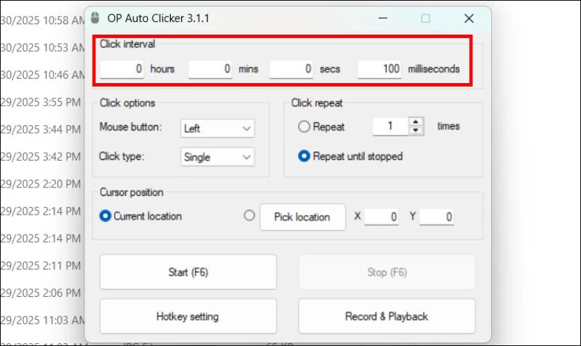 Khi giao diện xuất hiện, bạn sẽ thấy phần Click interval