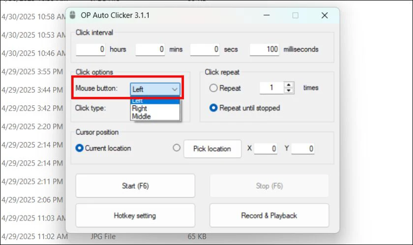Chọn các tùy chọn trong mục Click options, bao gồm Mouse button và Click type