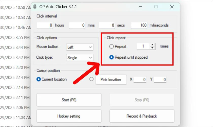 Điều chỉnh số lần nhấp chuột mong muốn trong phần Click repeat