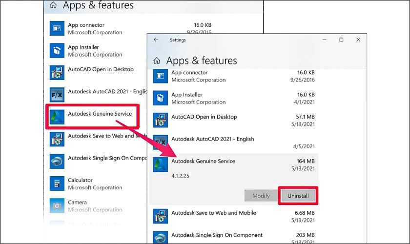 Nhấp chuột phải vào Autodesk Genuine Service, sau đó chọn Uninstall