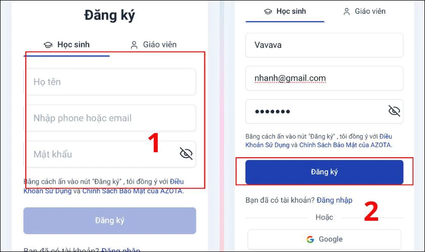 Azota.vn đăng ký cho học sinh trên điện thoại