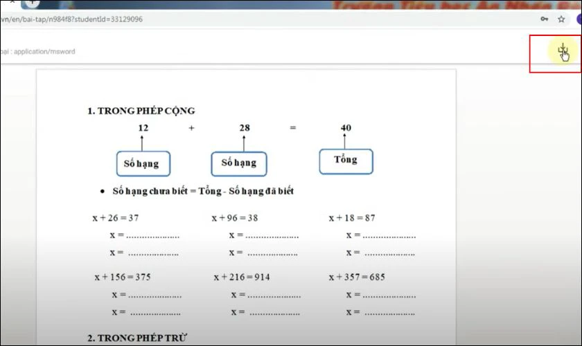 File bài tập sẽ hiện lên, học sinh nhấn Tải xuống để làm