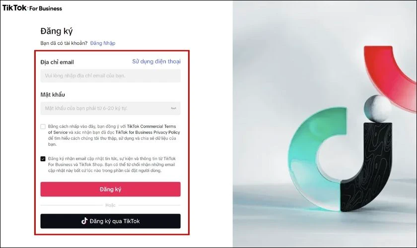 Tích chọn đồng ý với TikTok Commercial Terms of Service và TikTok for Business Privacy Policy