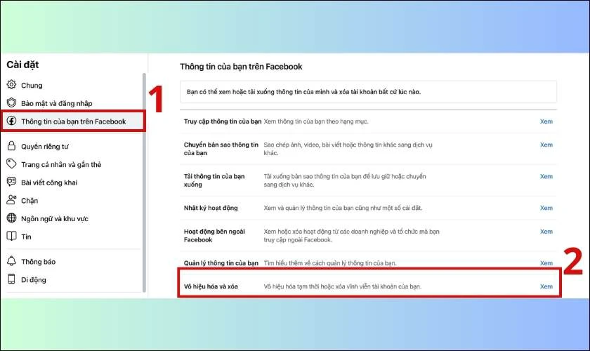 Chọn phần Thông tin của bạn trên Facebook và nhấn chọn nút Xem