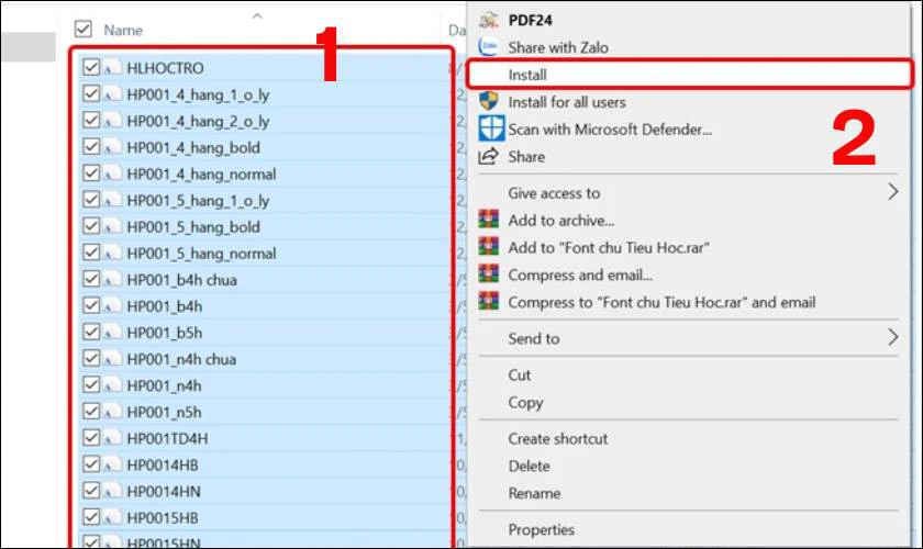 Chọn tất cả file font đã giải nén (Ctrl + A), sau đó nhấp chuột phải và chọn Install