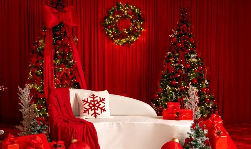 Backdrop Giáng sinh chủ đề cây thông Noel tone đỏ