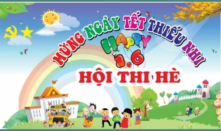 Backdrop Quốc tế Thiếu nhi 2025 tại trường học cute