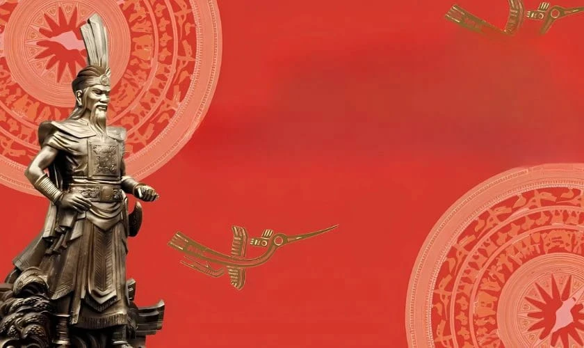 Background Giỗ tổ Hùng Vương 2026 có hình Vua Hùng tone đỏ