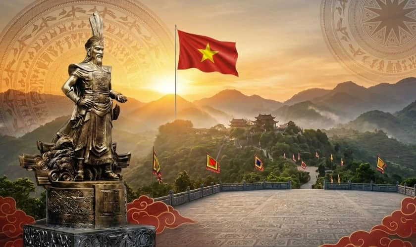 Background Giỗ tổ Hùng Vương 2026 có cờ Việt Nam tone vàng