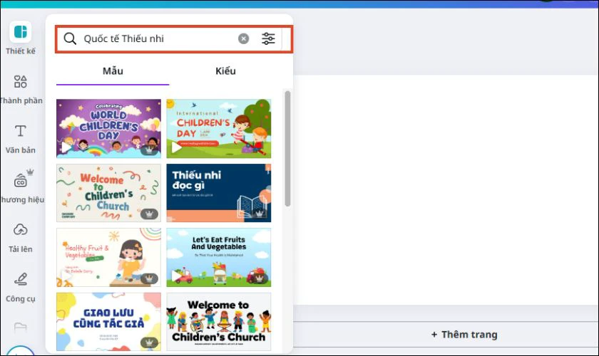 Tìm kiếm chủ đề bằng cách gõ Quốc tế Thiếu nhi vào thanh tìm kiếm của Canva