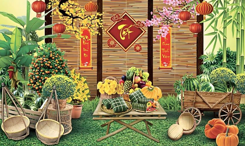 Background Tết 2026 chủ đề phong cảnh Tết xưa