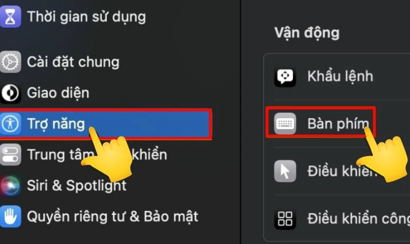 Click vào Trợ năng và chọn Bàn phím